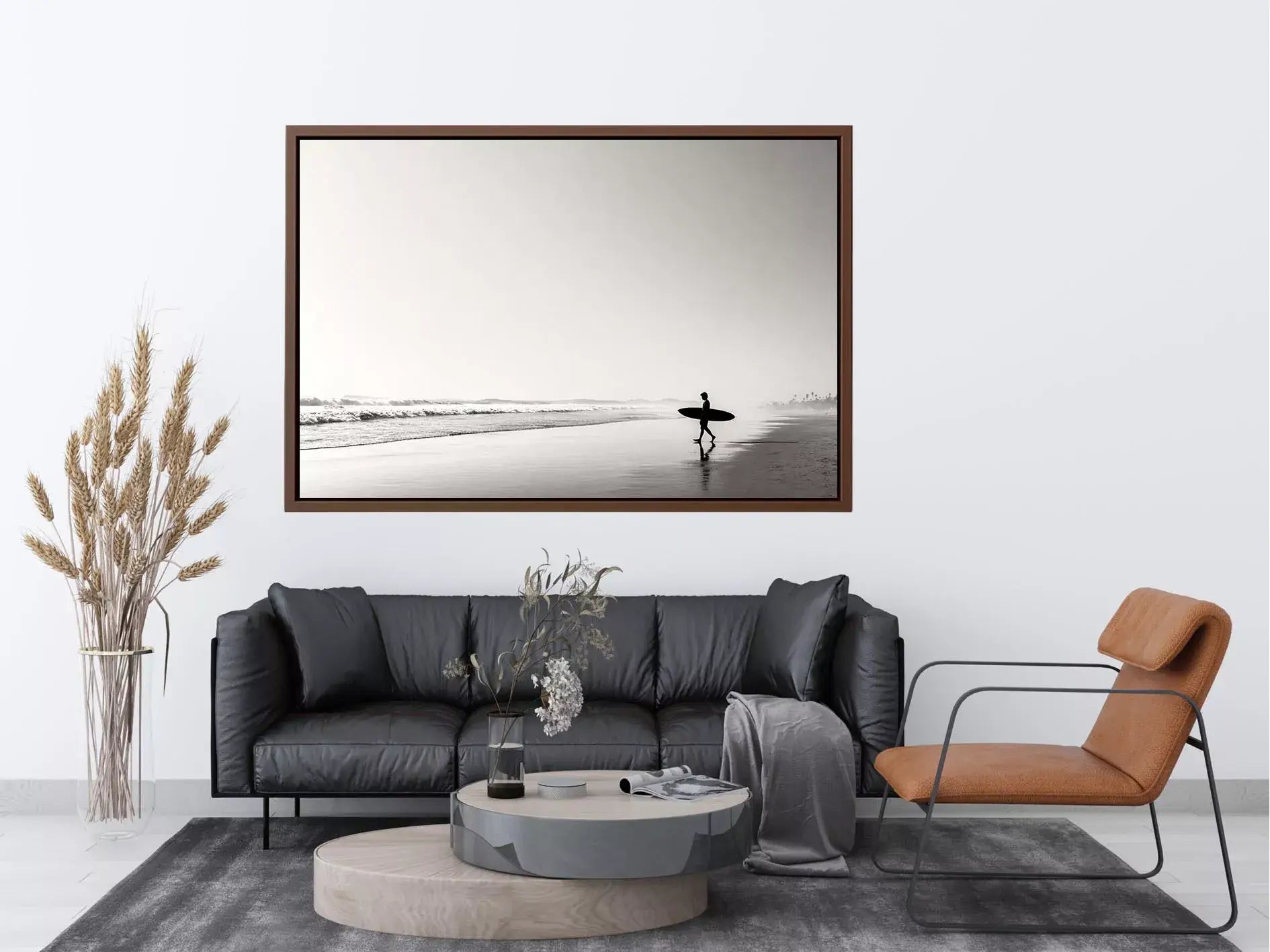 surfer beach Canvas Print black white, minimalist ocean canvas, coastal silhouette artwork, serene beach decor