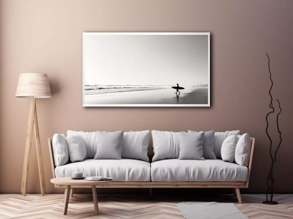 surfer beach Canvas Print black white, minimalist ocean canvas, coastal silhouette artwork, serene beach decor