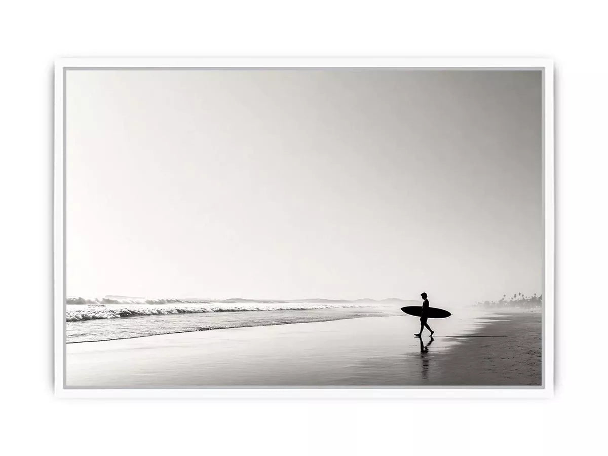 surfer beach Canvas Print black white, minimalist ocean canvas, coastal silhouette artwork, serene beach decor