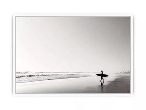 surfer beach Canvas Print black white, minimalist ocean canvas, coastal silhouette artwork, serene beach decor