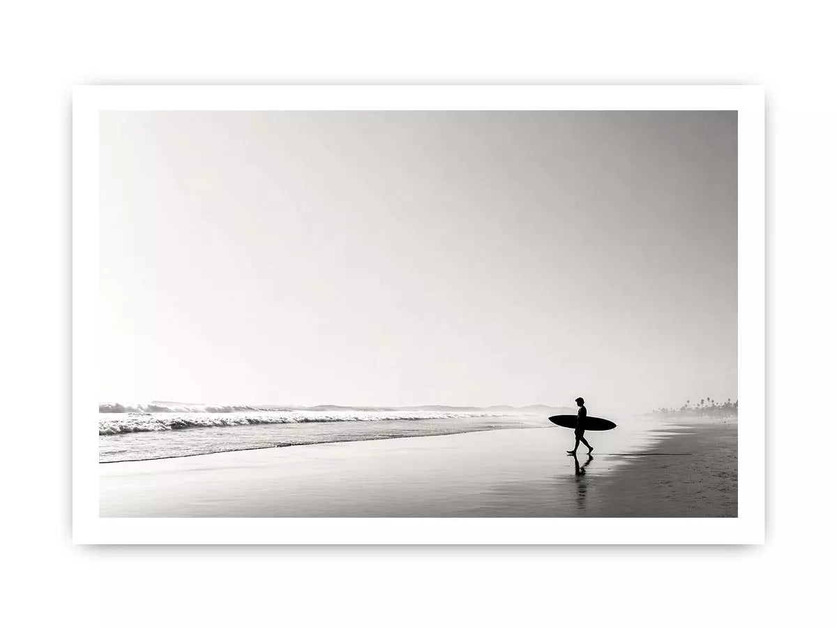 surfer beach Canvas Print black white, minimalist ocean canvas, coastal silhouette artwork, serene beach decor