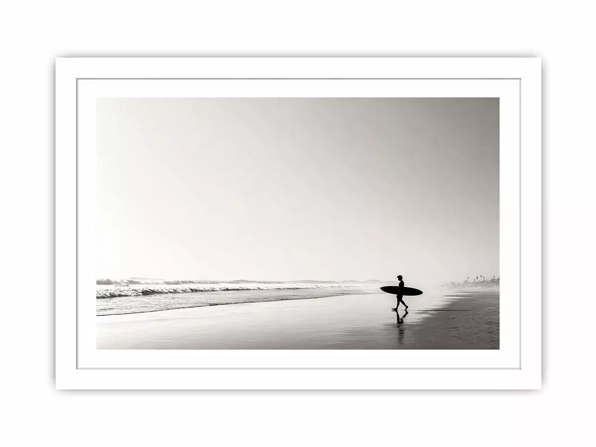 surfer beach Canvas Print black white, minimalist ocean canvas, coastal silhouette artwork, serene beach decor