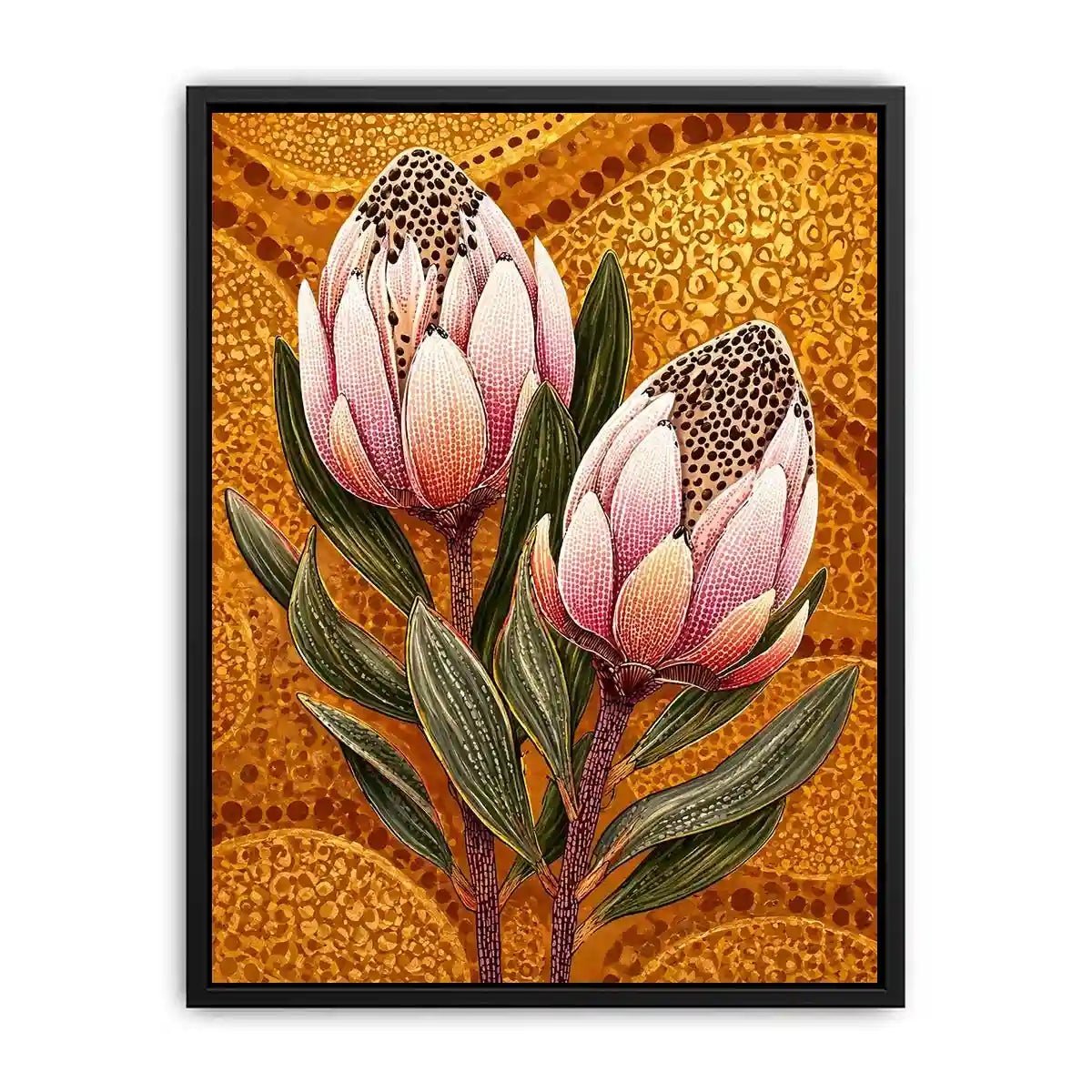 modern protea botanical Canvas Print with golden textured background and pink floral illustration
