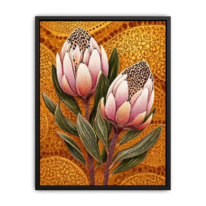 modern protea botanical Canvas Print with golden textured background and pink floral illustration