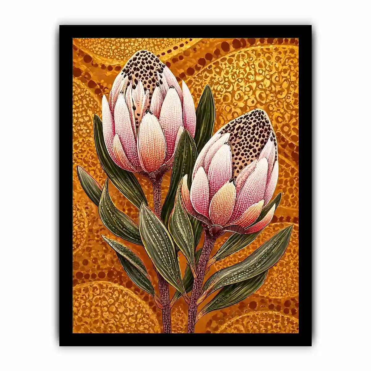 modern protea botanical wall art with golden textured background and pink floral illustration