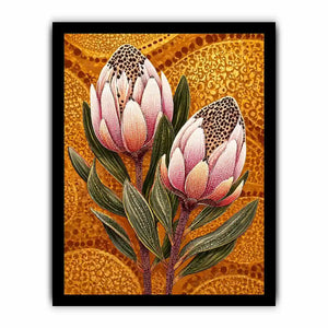 modern protea botanical Canvas Print with golden textured background and pink floral illustration