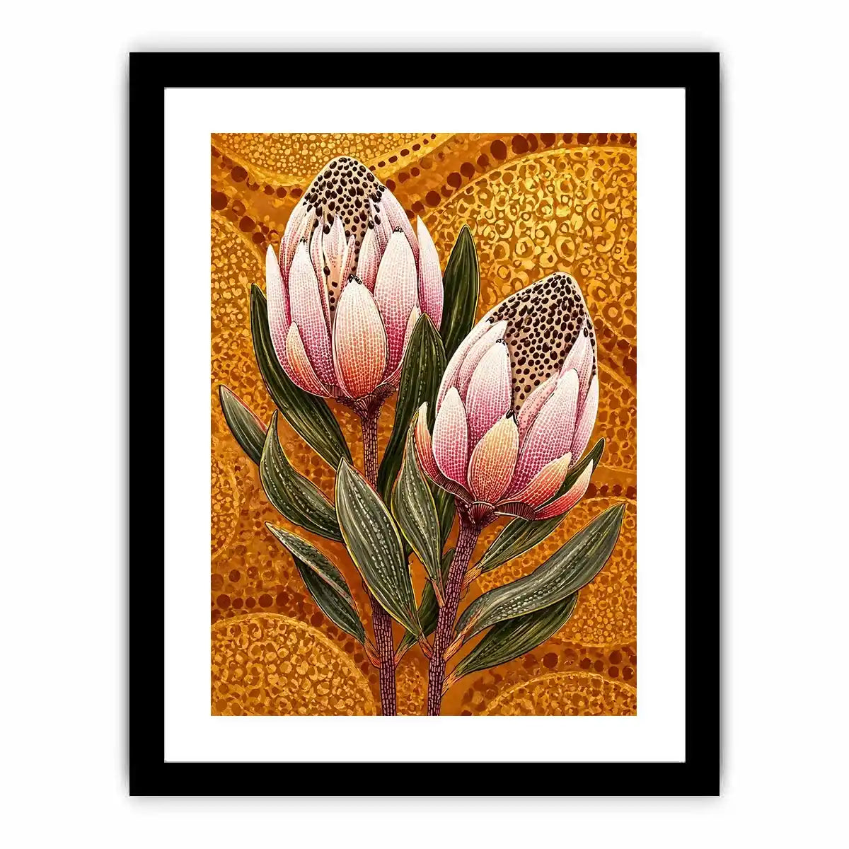 modern protea botanical wall art with golden textured background and pink floral illustration