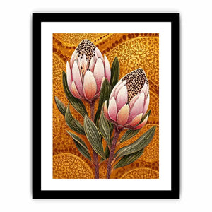 modern protea botanical Canvas Print with golden textured background and pink floral illustration