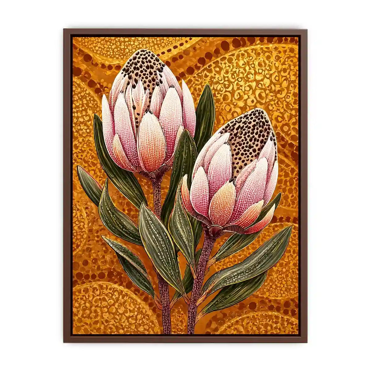 modern protea botanical Canvas Print with golden textured background and pink floral illustration