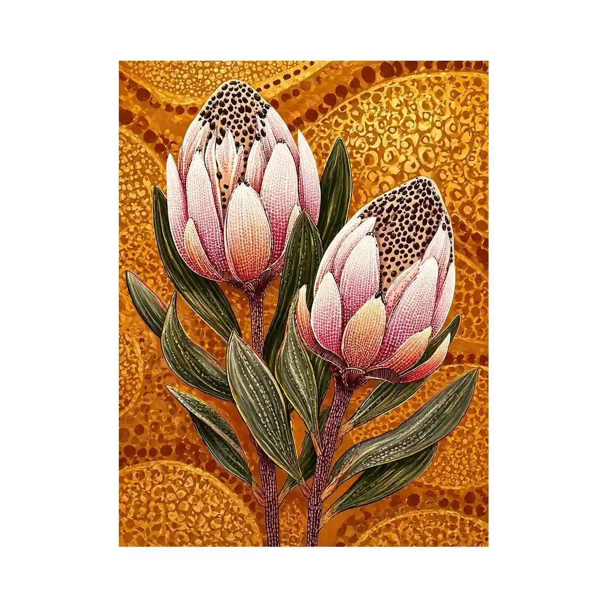 modern protea botanical Canvas Print with golden textured background and pink floral illustration
