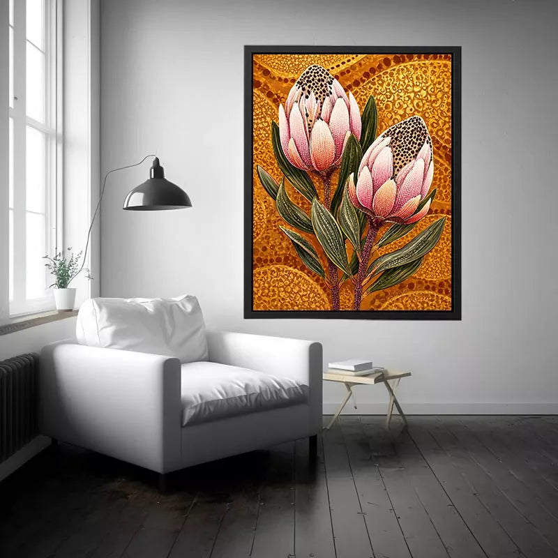 modern protea botanical Canvas Print with golden textured background and pink floral illustration