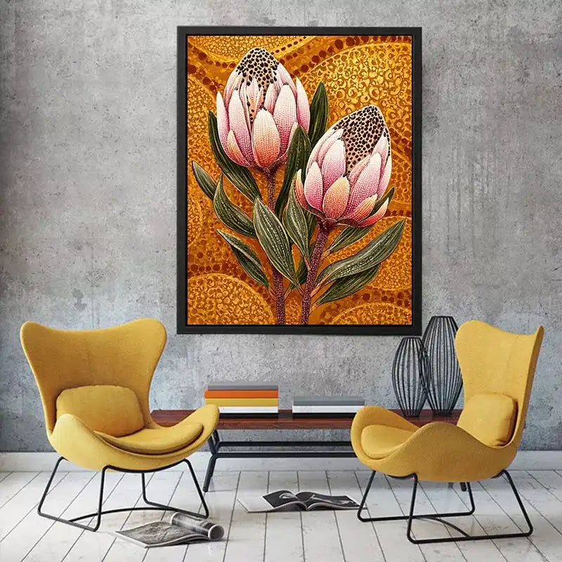 modern protea botanical Canvas Print with golden textured background and pink floral illustration