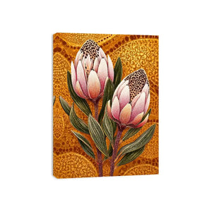 modern protea botanical Canvas Print with golden textured background and pink floral illustration