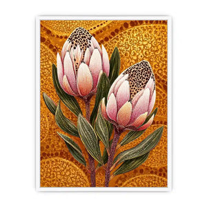 modern protea botanical Canvas Print with golden textured background and pink floral illustration