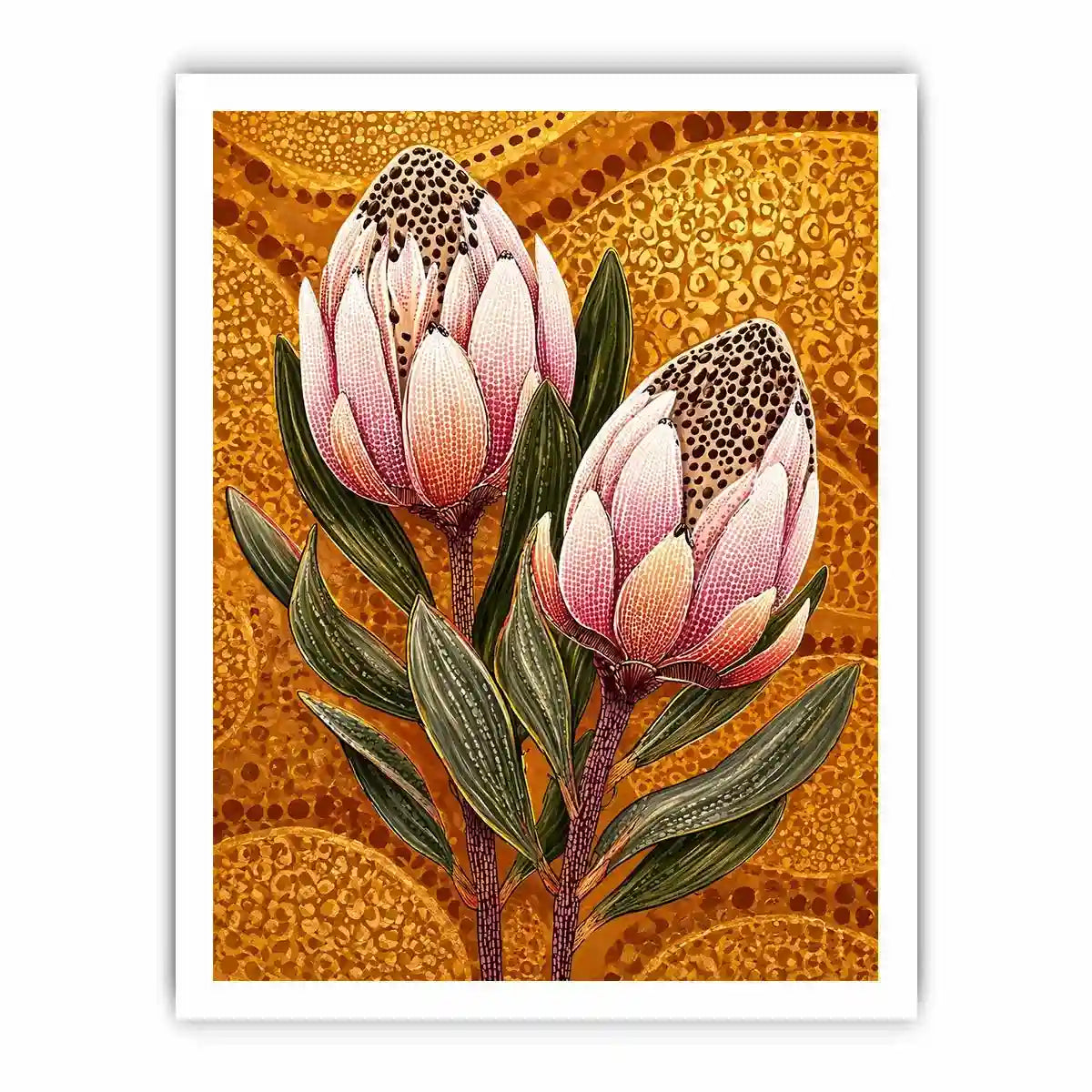 modern protea botanical wall art with golden textured background and pink floral illustration