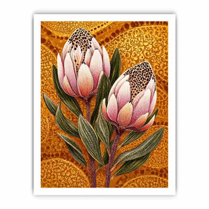 modern protea botanical Canvas Print with golden textured background and pink floral illustration