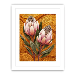 modern protea botanical Canvas Print with golden textured background and pink floral illustration