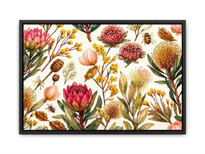 watercolor botanical floral pattern with bees and wildflowers Canvas Print canvas
