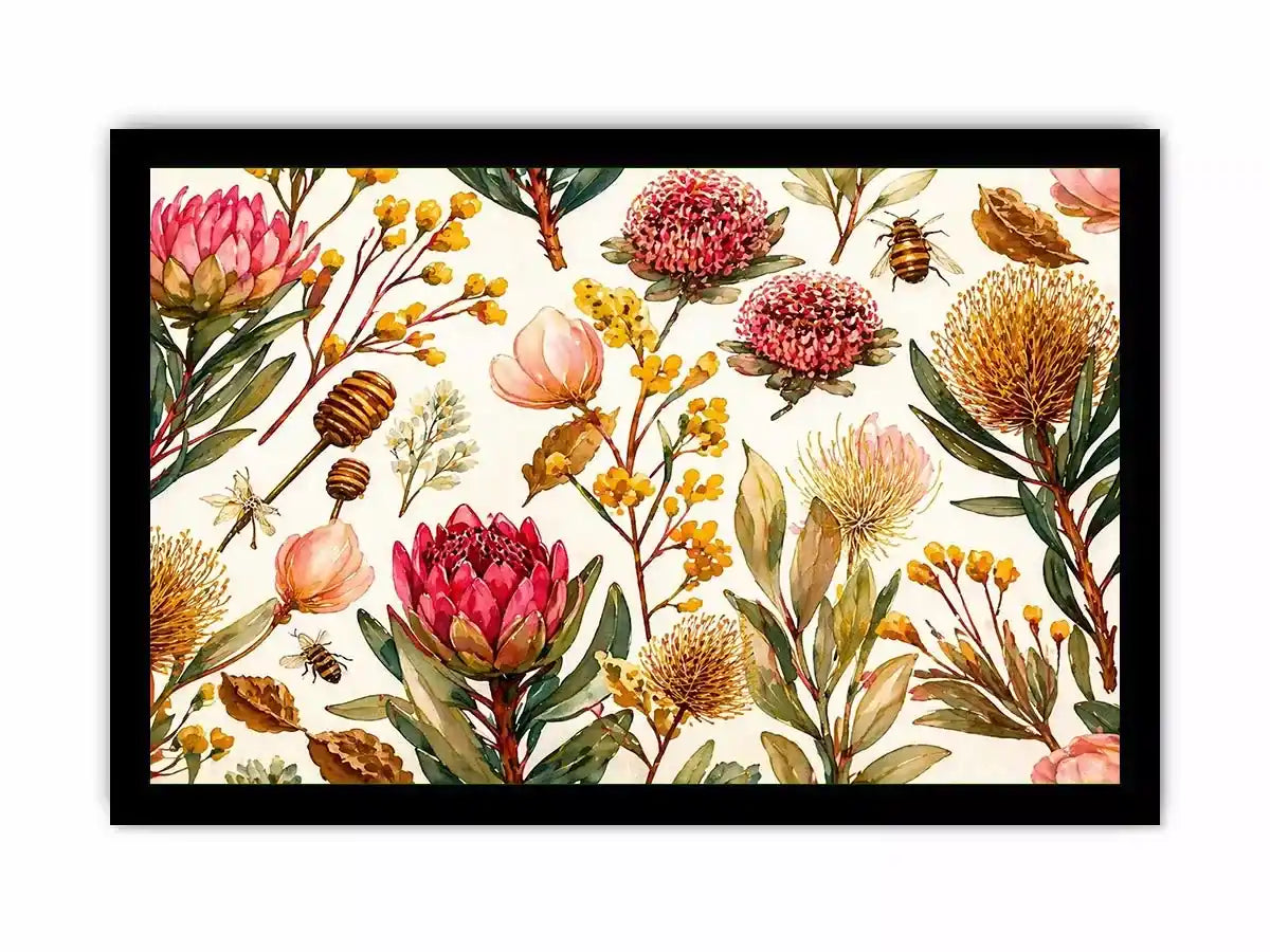 watercolor botanical floral pattern with bees and wildflowers wall art canvas