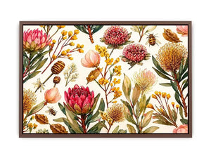 watercolor botanical floral pattern with bees and wildflowers Canvas Print canvas