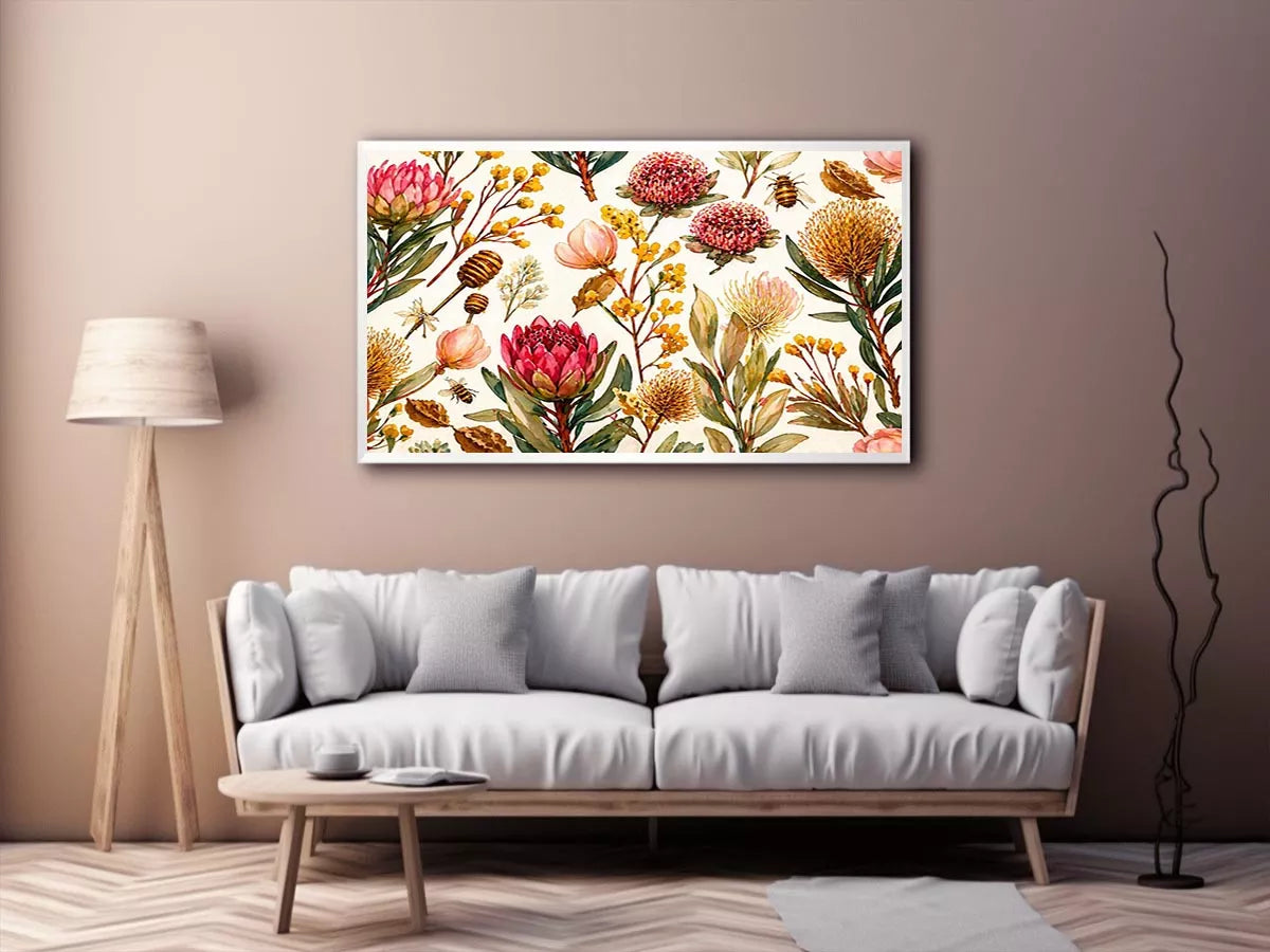watercolor botanical floral pattern with bees and wildflowers Canvas Print canvas