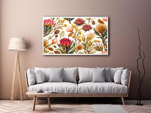 watercolor botanical floral pattern with bees and wildflowers Canvas Print canvas