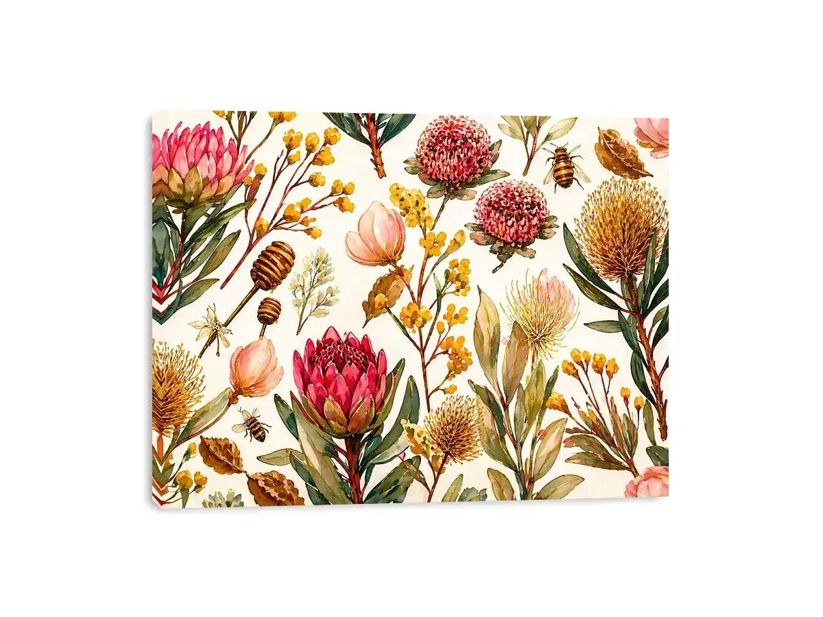 watercolor botanical floral pattern with bees and wildflowers wall art canvas