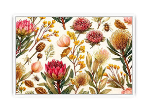 watercolor botanical floral pattern with bees and wildflowers Canvas Print canvas