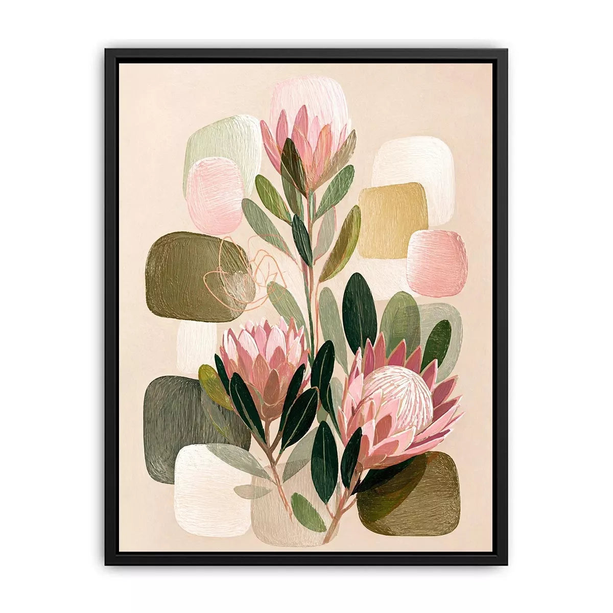 abstract botanical blush floral wall art with soft neutral shapes and green leaves
