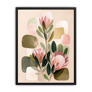 abstract botanical blush floral Canvas Print with soft neutral shapes and green leaves
