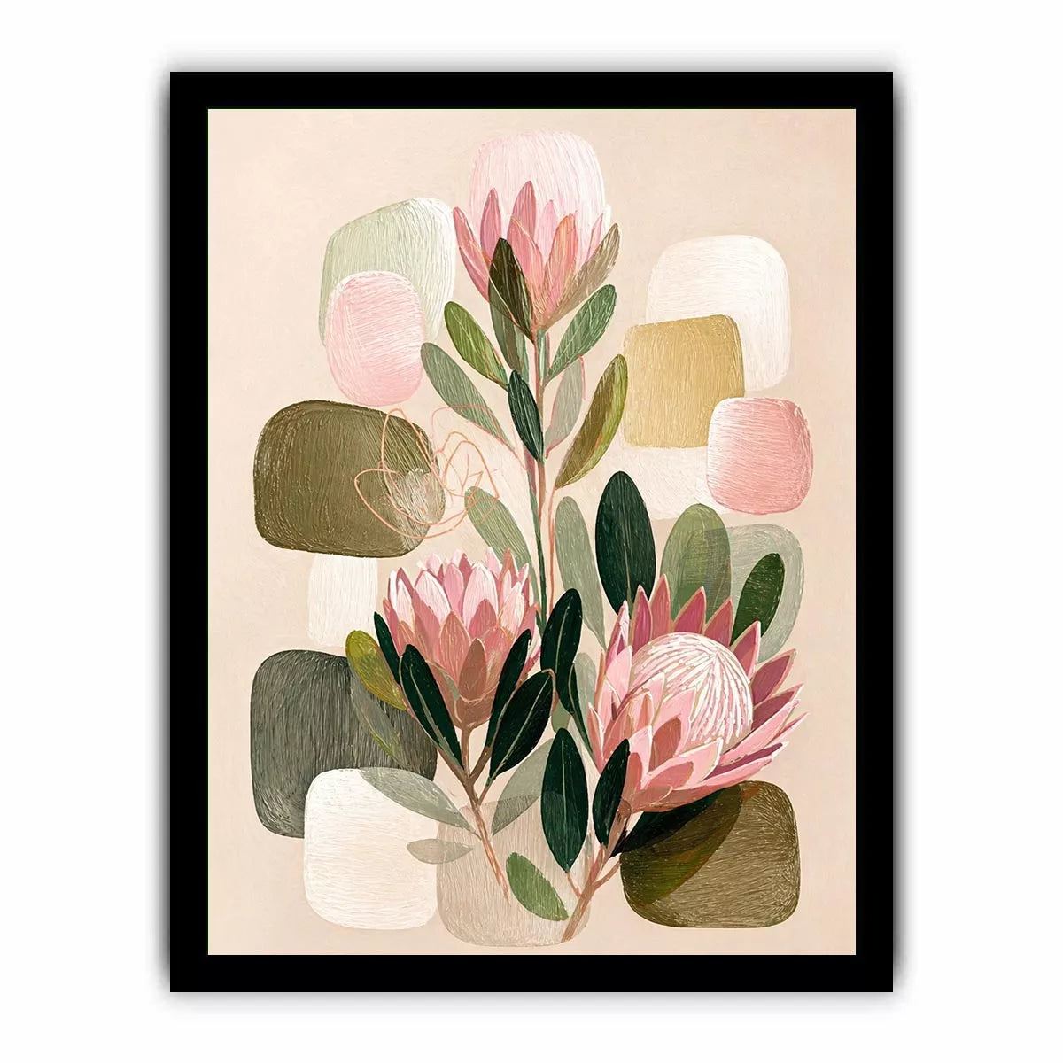 abstract botanical blush floral wall art with soft neutral shapes and green leaves