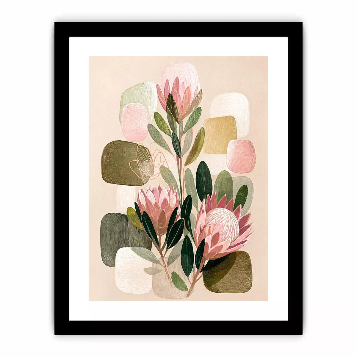 abstract botanical blush floral Canvas Print with soft neutral shapes and green leaves