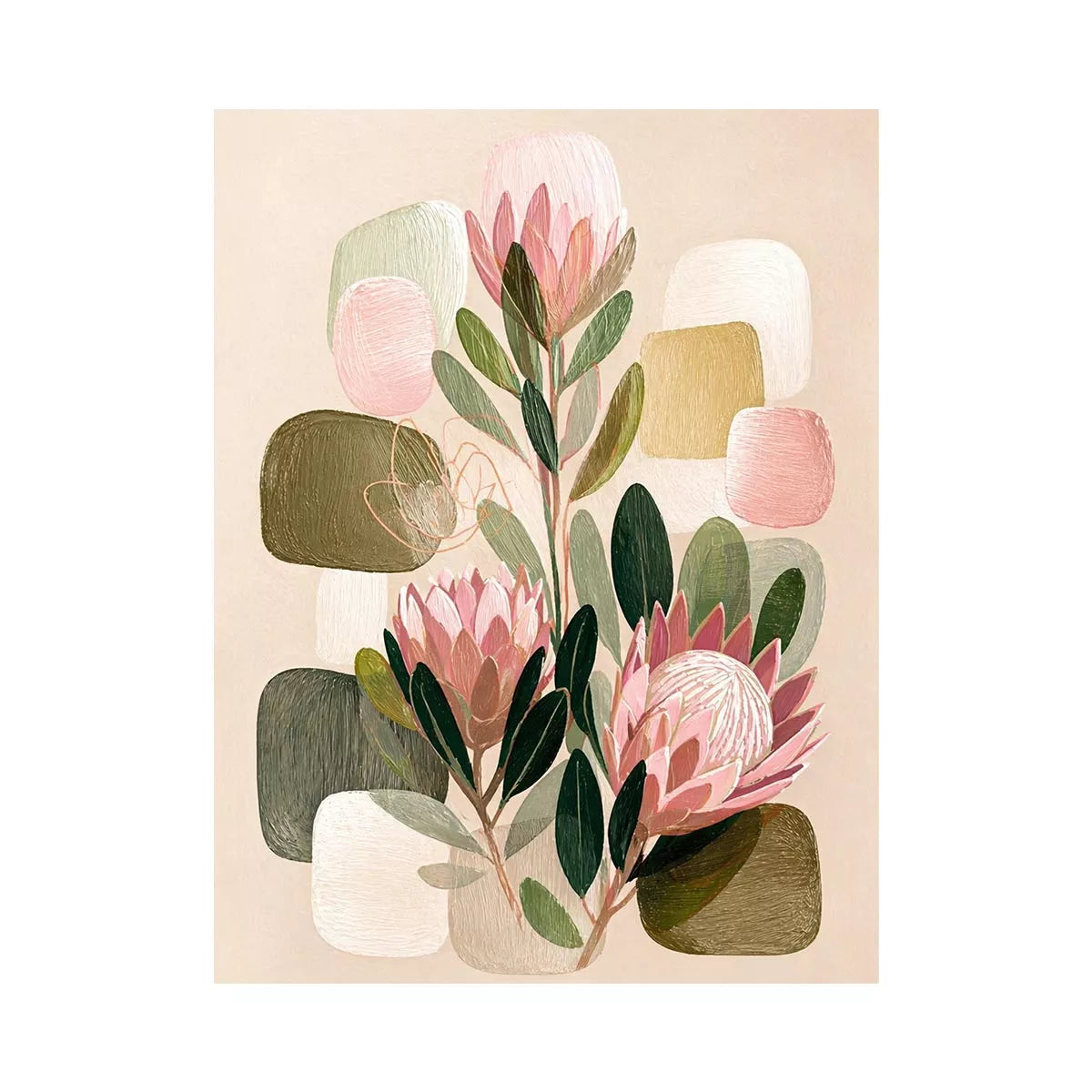 abstract botanical blush floral Canvas Print with soft neutral shapes and green leaves