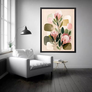 abstract botanical blush floral Canvas Print with soft neutral shapes and green leaves