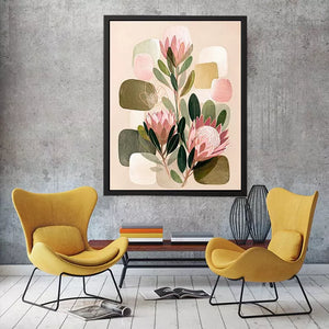 abstract botanical blush floral Canvas Print with soft neutral shapes and green leaves