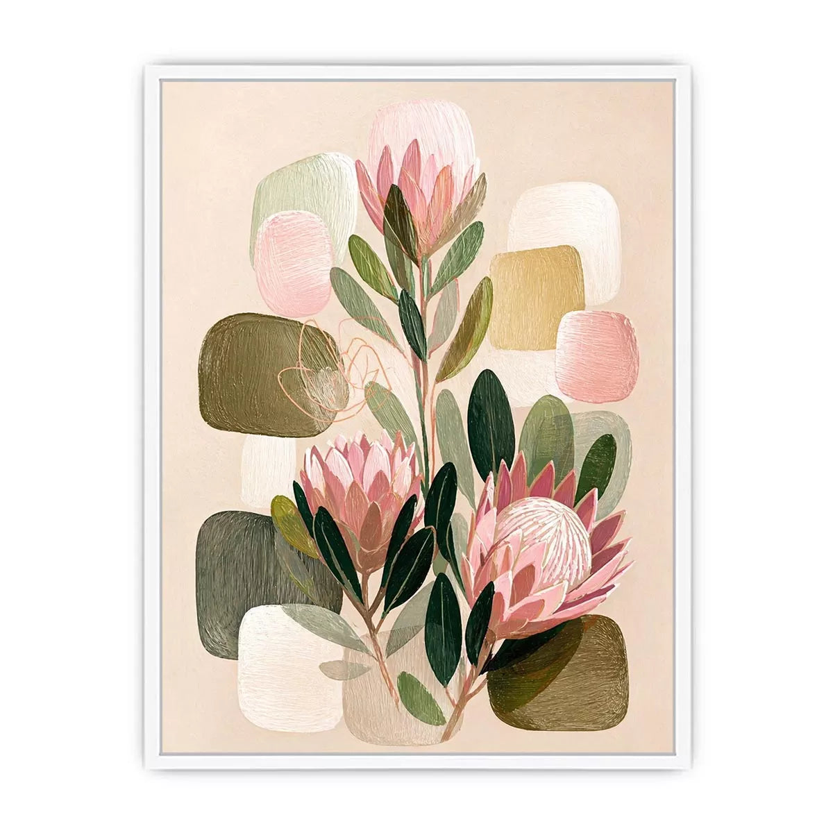 abstract botanical blush floral Canvas Print with soft neutral shapes and green leaves