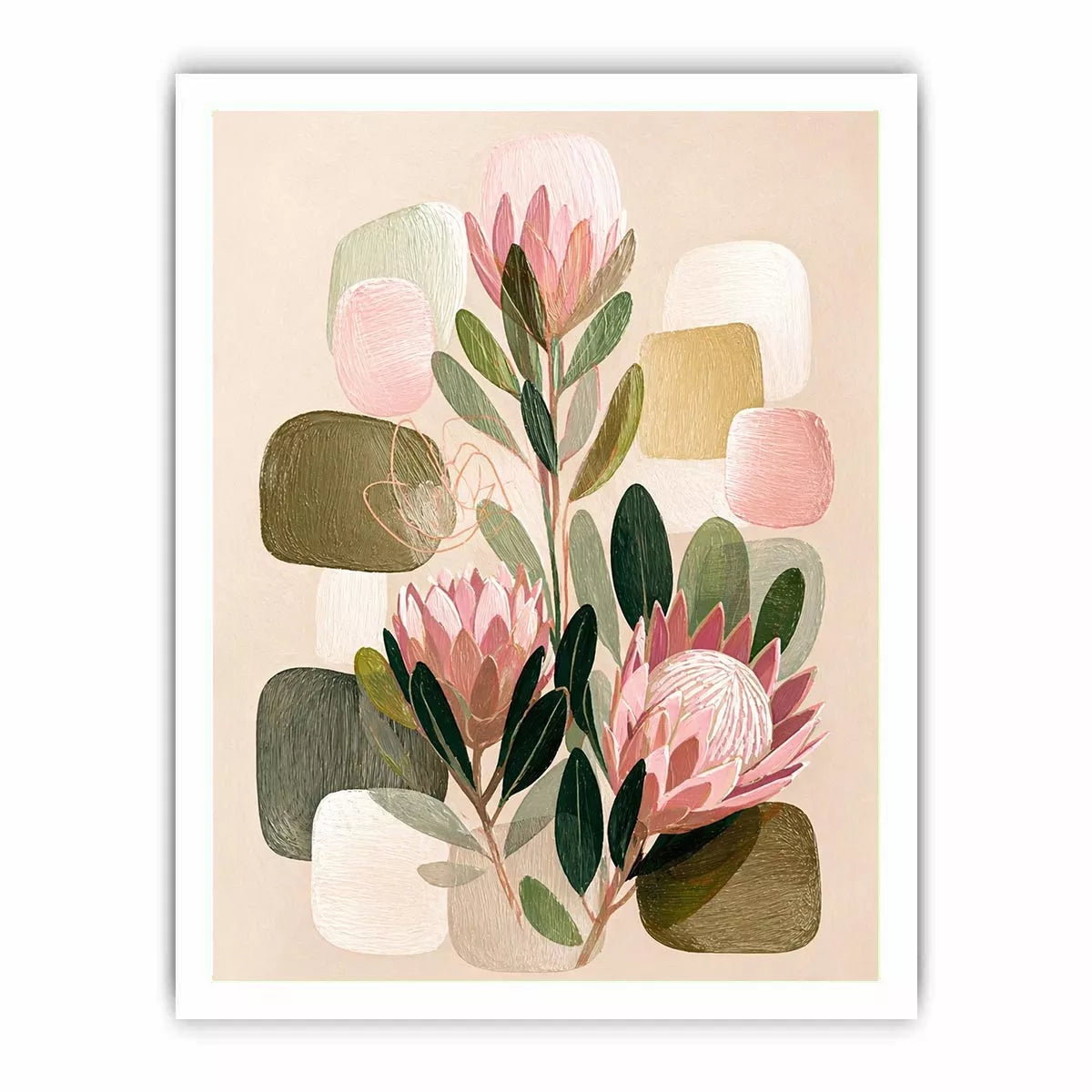 abstract botanical blush floral wall art with soft neutral shapes and green leaves