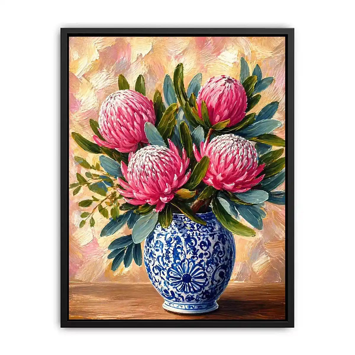 pink protea flowers in blue ceramic vase painting Canvas Print canvas