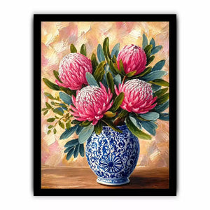pink protea flowers in blue ceramic vase painting Canvas Print canvas