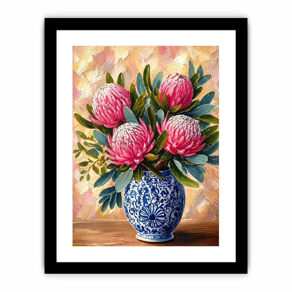 pink protea flowers in blue ceramic vase painting Canvas Print canvas