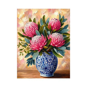 pink protea flowers in blue ceramic vase painting Canvas Print canvas