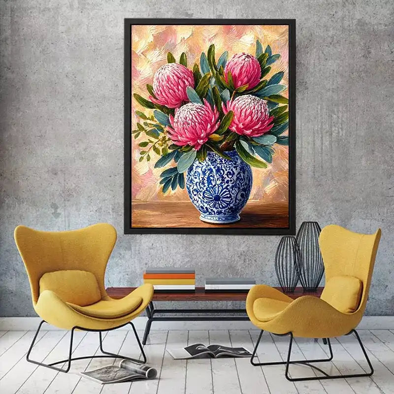 pink protea flowers in blue ceramic vase painting Canvas Print canvas
