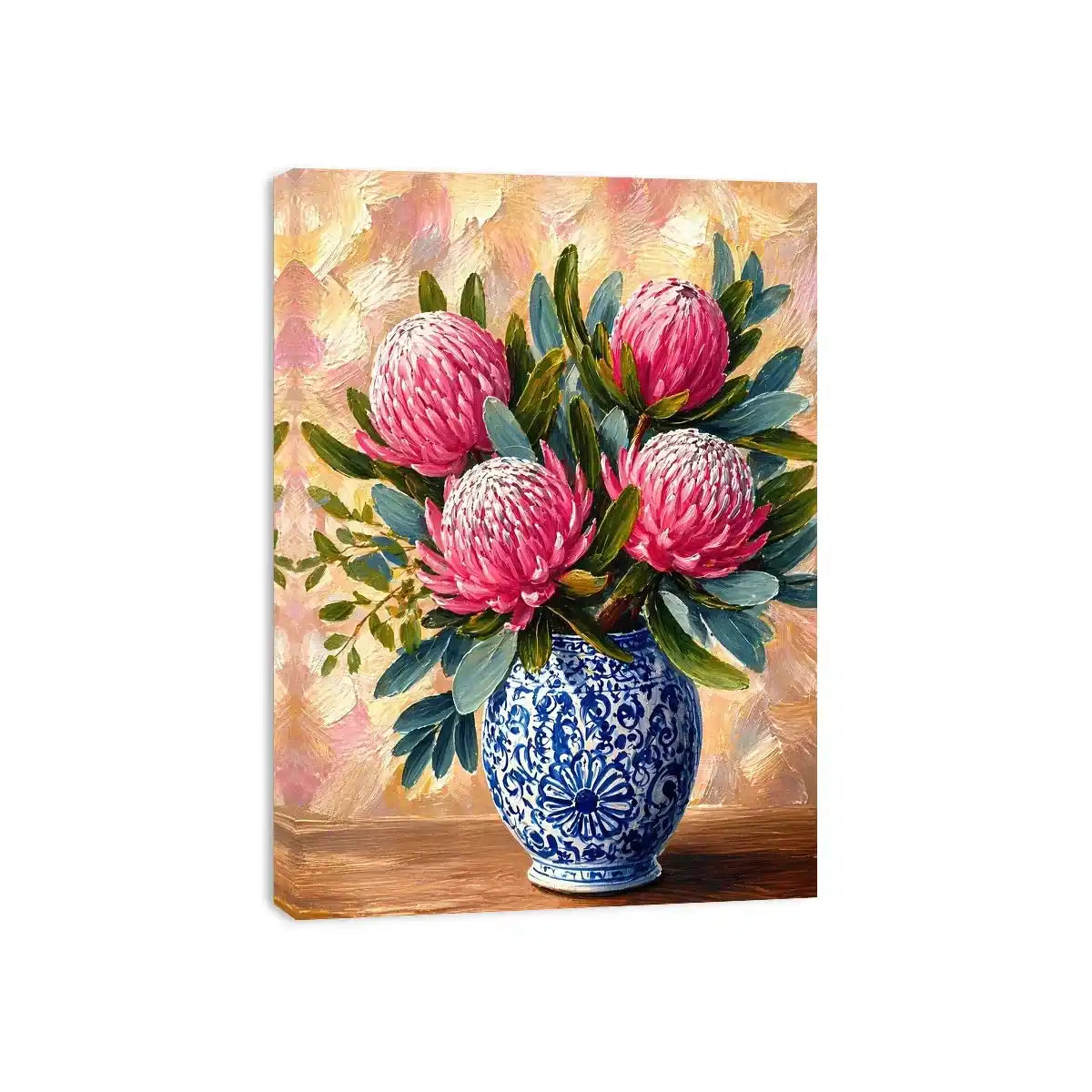pink protea flowers in blue ceramic vase painting Canvas Print canvas