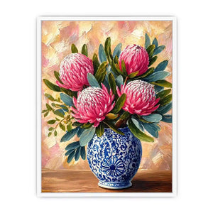 pink protea flowers in blue ceramic vase painting Canvas Print canvas