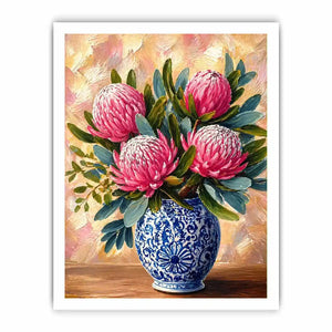 pink protea flowers in blue ceramic vase painting Canvas Print canvas