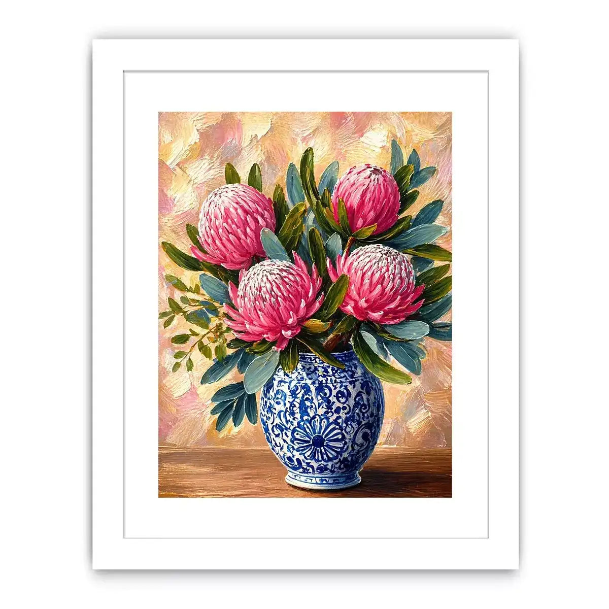 pink protea flowers in blue ceramic vase painting Canvas Print canvas