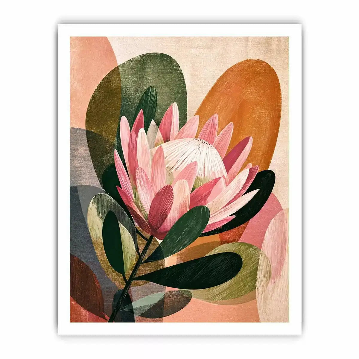 abstract protea flower botanical wall art with earthy tones and modern shapes