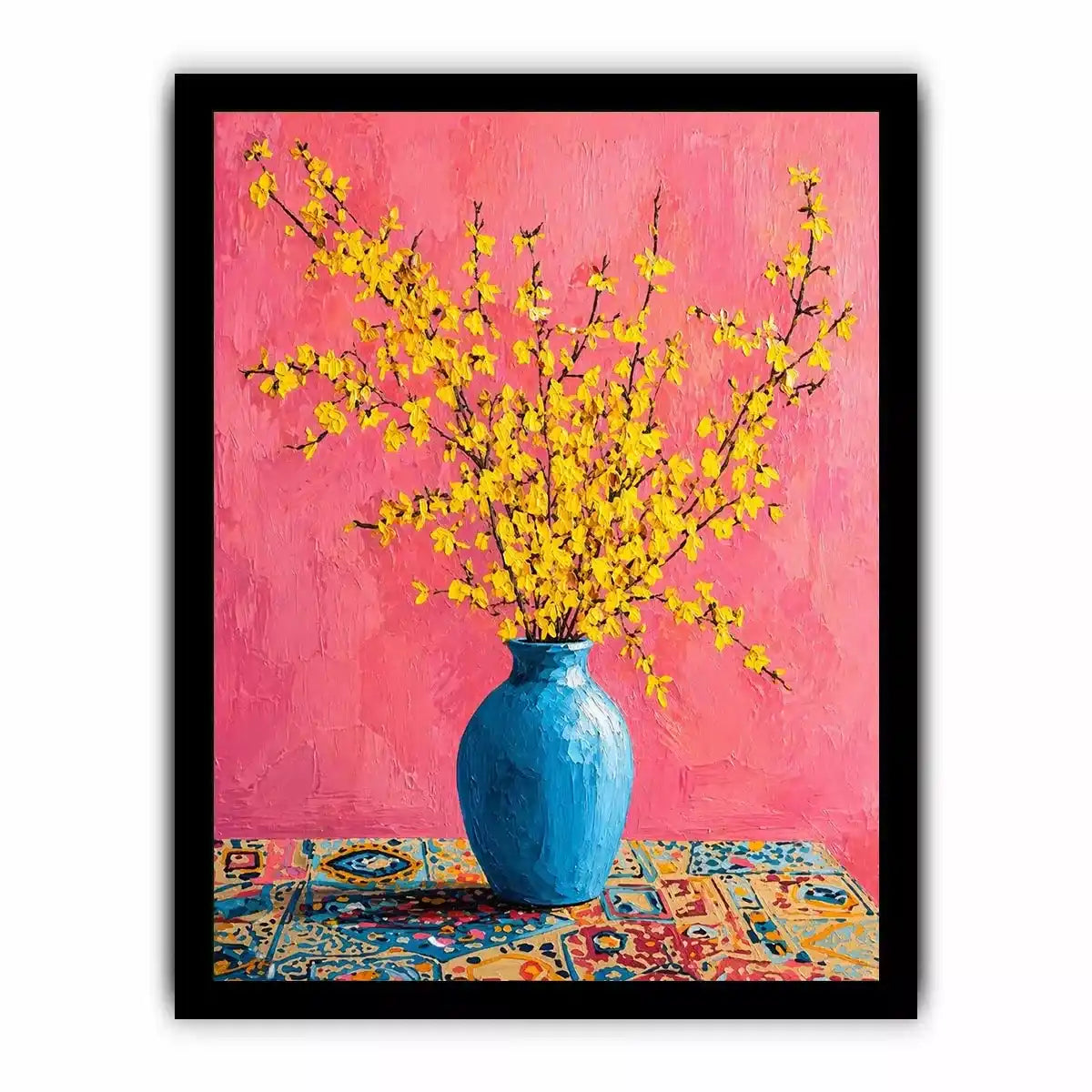 yellow flowers in blue vase on pink background modern floral Canvas Print