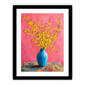 yellow flowers in blue vase on pink background modern floral Canvas Print