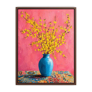 yellow flowers in blue vase on pink background modern floral Canvas Print